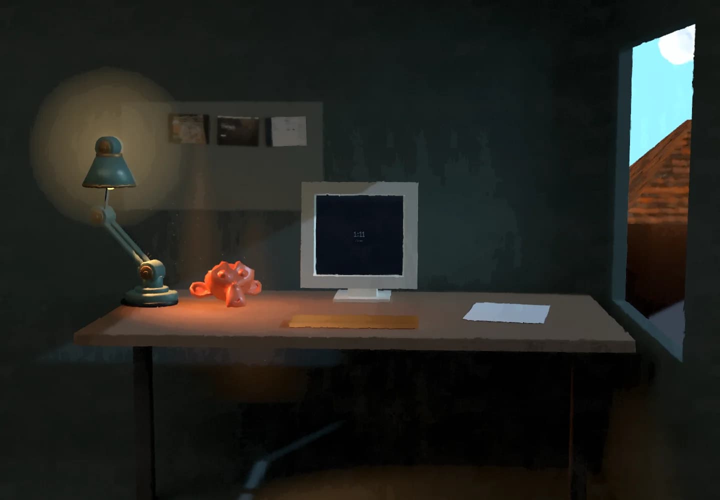 The Blender workbench used in this site, with a green desk lamp, monitor, and terracotta sculpture.