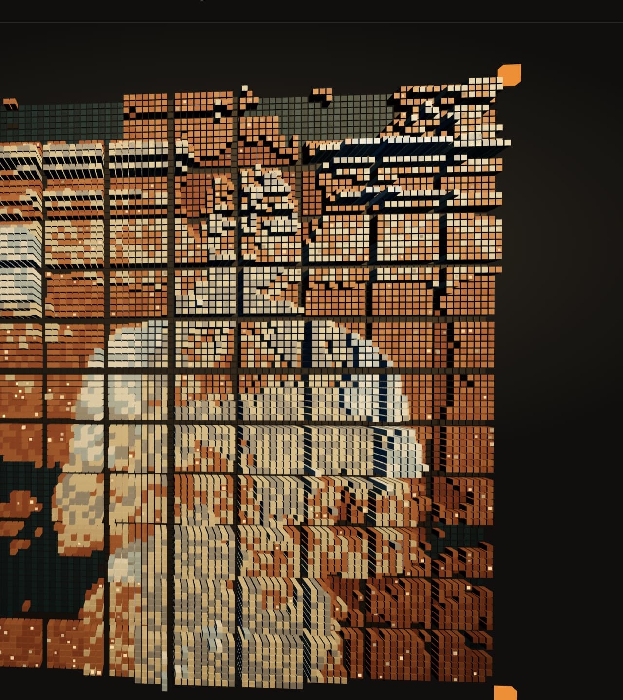 A voxel city built from a photo, lit by a warm lamp