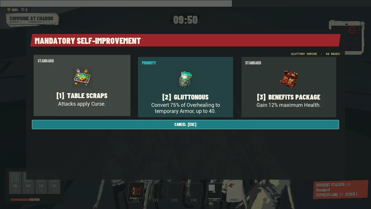 GraveShift's development augment selection screen, with three choices including Gluttonous and its overhealing-to-armor effect