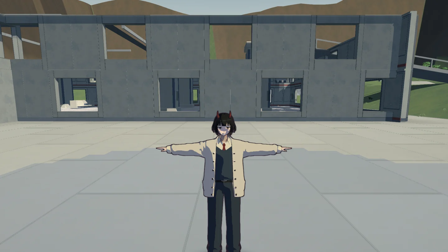 Ash in a fixed T-pose, with hard shadow shapes on the jacket and face, in GraveShift's Unreal environment