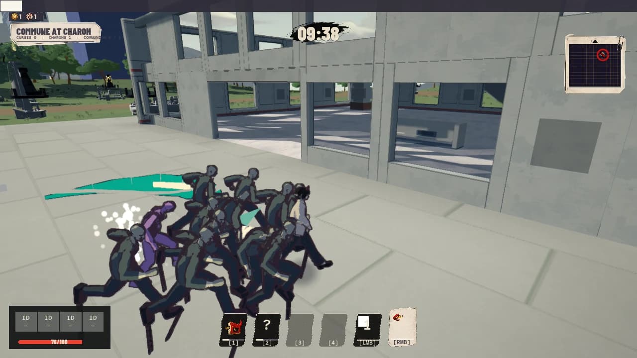 A player moving beside a crowd of enemies during a GraveShift weapon test, with a teal attack effect and the gameplay HUD visible