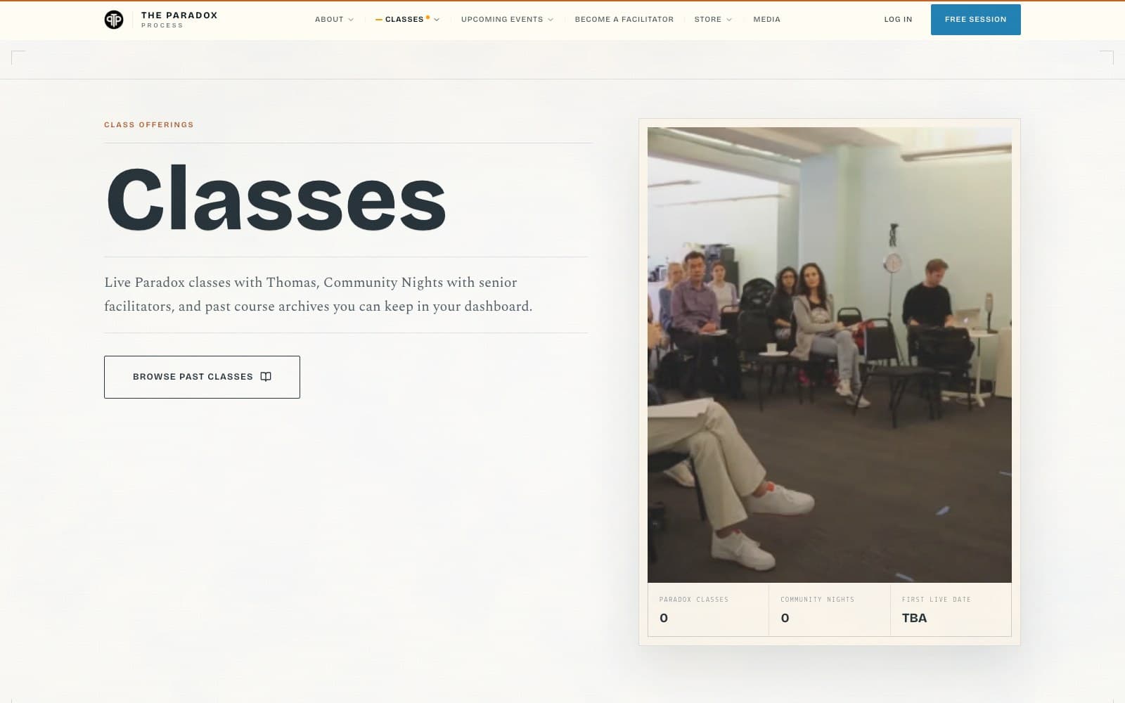 Live class listings on the custom website
