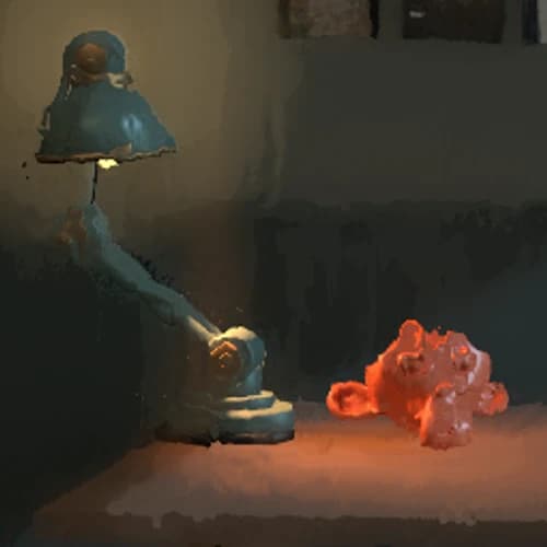 Heavy displacement damages the lamp rim and distorts the sculpture's face