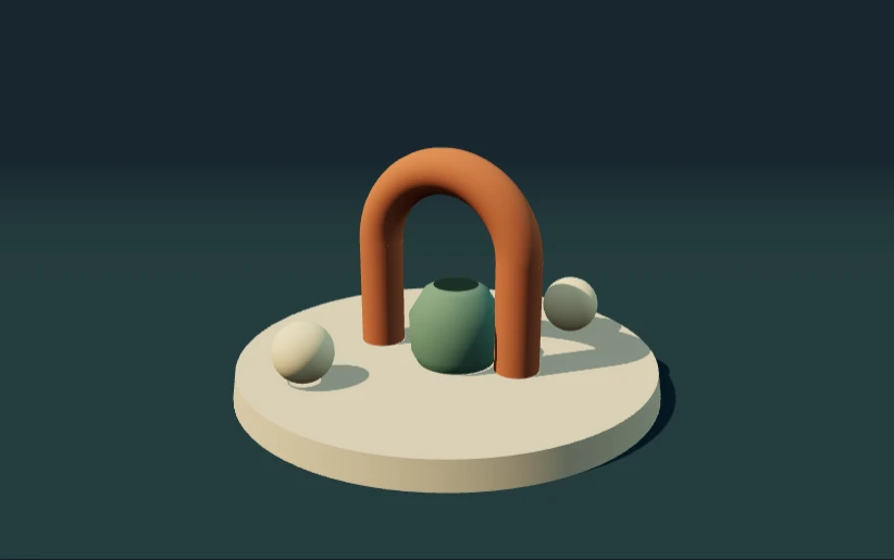 A terracotta arch, sage vessel, and two equal cream beads on a circular plinth