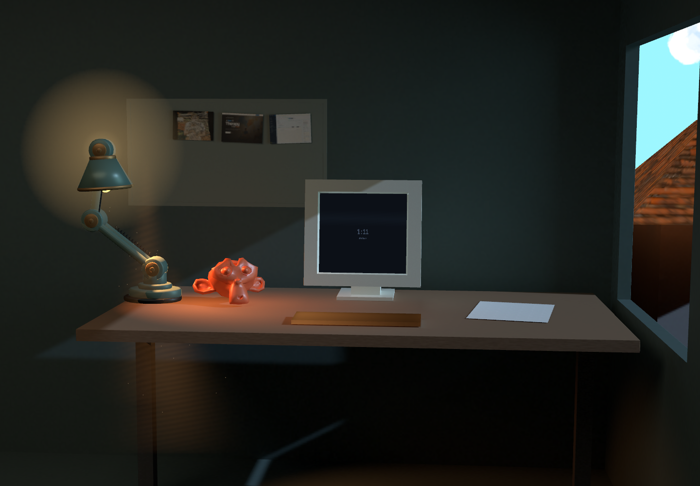 Untreated render of the portfolio workbench, with its monitor, desk, and warm lamp